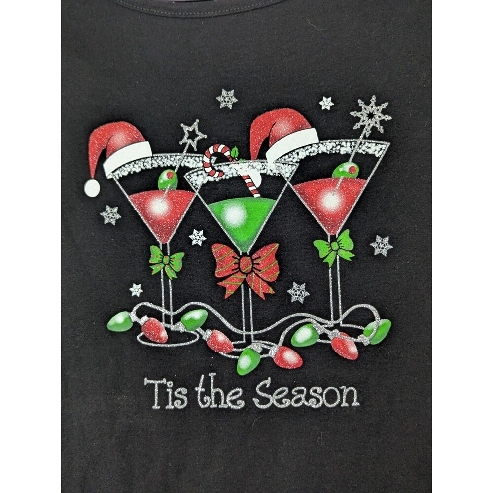 NWT Holiday Time Christmas T-Shirt 2XL Black L/S Tis the Season Martini Glitter